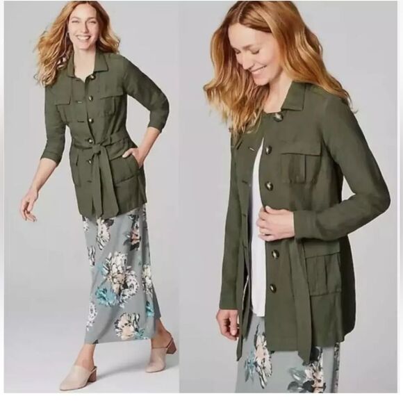 J. Jill M Petite Olive Green Safari Linen Rayon Blend Belted Utility Jacket Coat - Picture 2 of 13